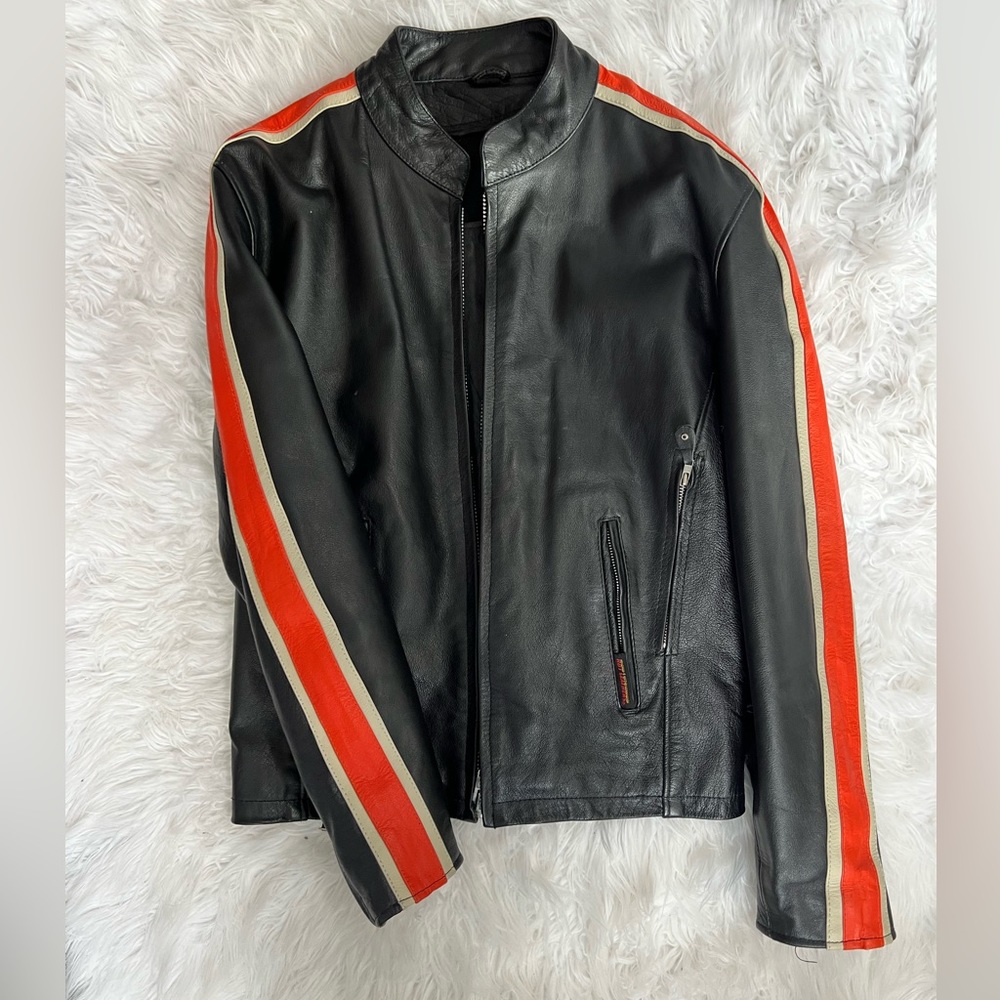 Vintage Hot Leathers Genuine Leather Moto Zip Up Jacket Orange and Cream Stripes